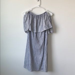 Off the shoulder blue and white striped dress